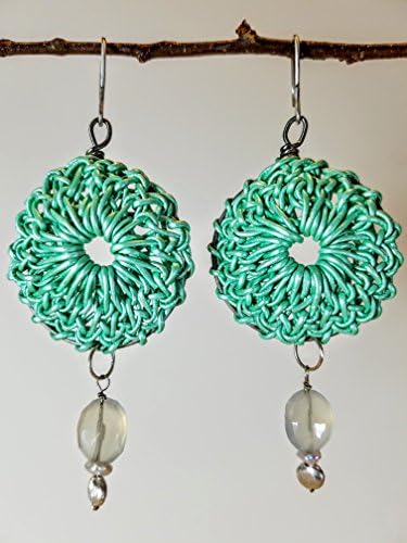 Bright Mint Green Leather Rosette Earrings on Titanium Hoops with Oval Faceted Blue Chalcedony, Keishi Pearls and Brushed Sterling Beads on Sterling Silver Earwires - 100% Handmade