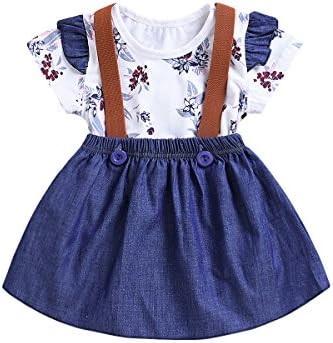 Mini Angel 2pcs Toddler Baby Romper Clothes Set Girl Floral Jumpsuit+Strap Skirt Outfits (Blue #2, 73(12-18Months))