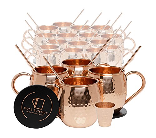 Set of 20 Pure Copper Moscow Mule Mugs by Mule Science with BONUS: Highest Quality Cocktail Copper 20 Straws, 2 Shot glasses and 20 coasters!
