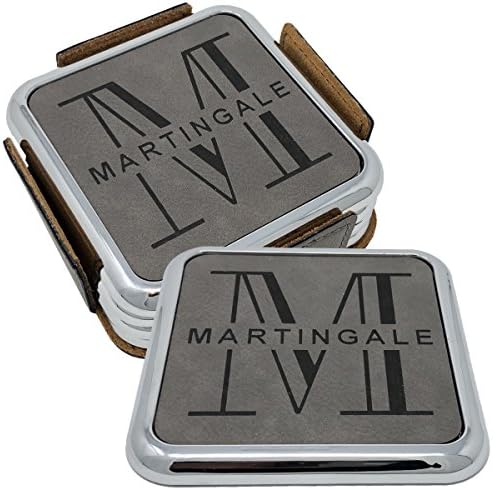 Personalized Leatherette & Metal Name Coaster - Set of 4. FREE ENGRAVING by Griffco (Grey w/black engraving)