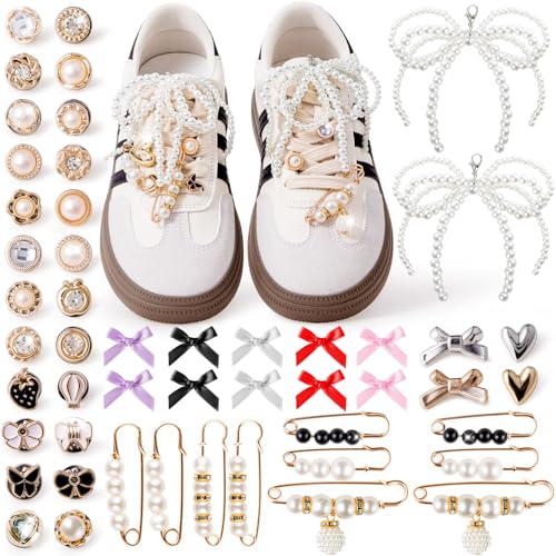 RQAYE 50pcs Shoe Charms for Sneakers & Accessories - DIY Shoe Lace Pearl Rhinestone Brooches and Pins for Women,Junk Socks Charms Kit and Satin Cute Shoelace Accessories