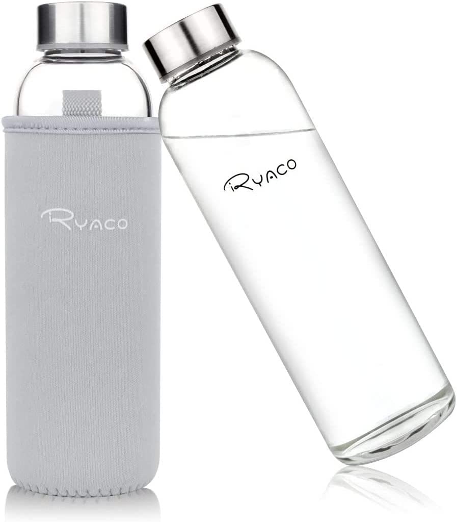 RYACO Glass Water Bottle 550ml/18oz,Borosilicate Glass Bottle with Neoprene Protective Case for Hot Cold Drinks,BPA-Free Leak Proof,Sport Water Bottles with Sponge Brush,Dishwasher Safe