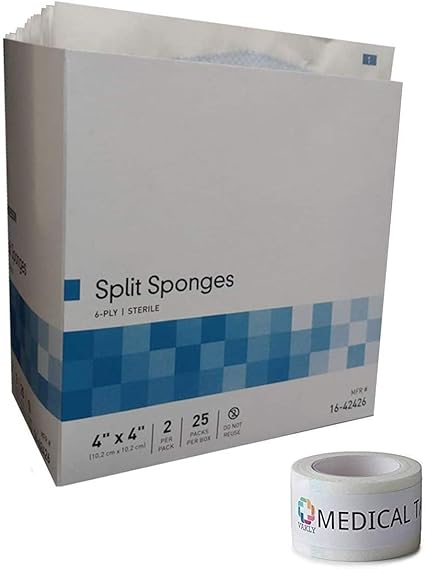 Amazon Com Sterile 4 X4 6 Ply Split Drain Sponge 25 Packs Of 2 1 Roll Of Vakly Medical Tape 1 Health Personal Care