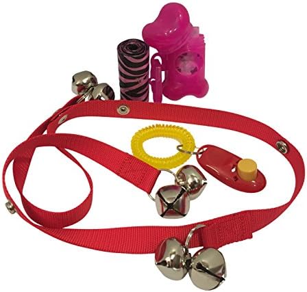 Potty Training Kit. Premium quality Potty Training Dog Bells, Dog Training Clicker, 40 Dog Waste Bags with Dispenser. (Red/Pink)