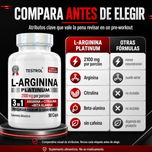 Arginina Platinum 2100mg por porción | L Arginina + L Citrulina + Beta Alanina | Pre Workout | Pre Entreno sin Cafeina | Precursor de Oxido Nítrico | Testrol TSN (90 Cápsulas).