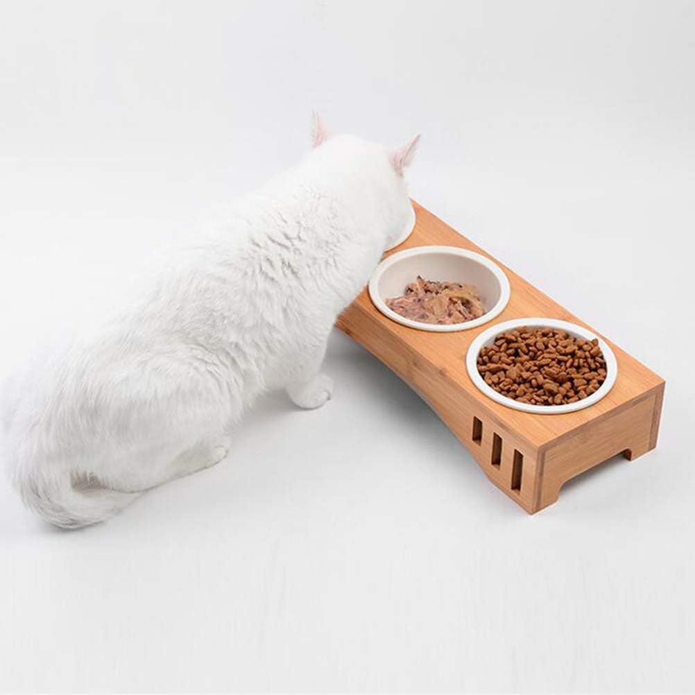 POPETPOP Solid Wood Pet Dining Table Bowl Pet Wooden Tilted Feeders Dog cat Anti-slip Three Bowl Cat Dish with Slope Stand(Heighten,Three Bowls) - Image 4
