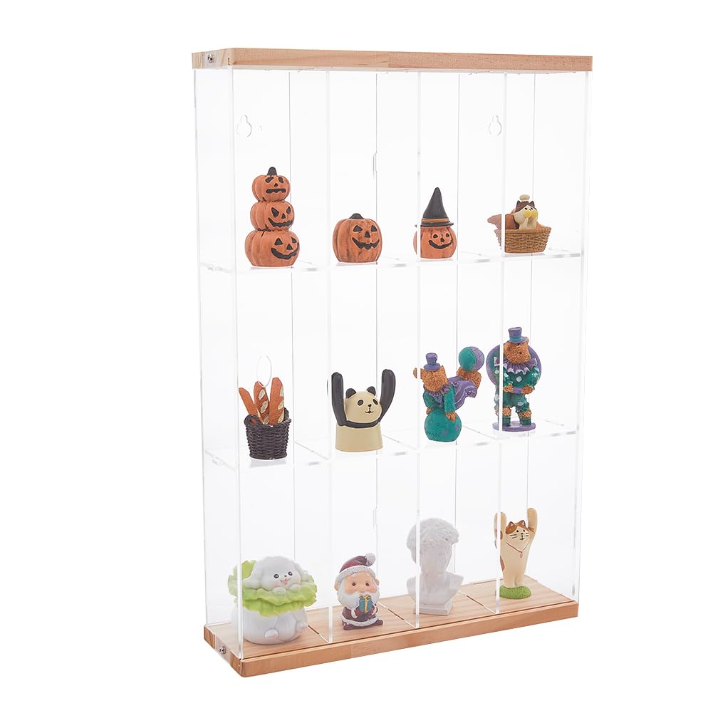 SUPERFINDINGS Clear Minifigures Display Case Acrylic Display Case with Black Base 3 Tier Showcase with 4 Grids Wall Mounted Storage Box for Dolls Building Block Minifigures 38x7x38cm