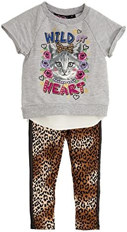 (22303-09WSFR) Forever Me Little Girls Cat French Terry Legging Set (4-6X) in Grey/Leopard Size: 4