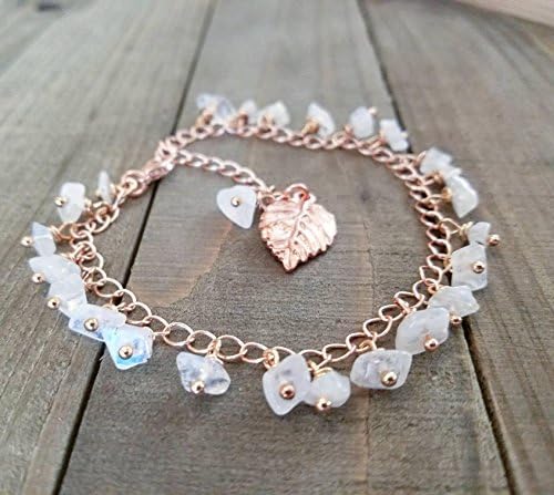 Ankle bracelet | Rose gold anklet | Rainbow moonstone | beaded anklets | summer jewelry | boho rose gold | leaf charm