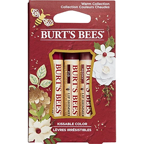 Burt's Bees Kissable Color Holiday Gift Set, 3 Lip Shimmers in Gift Box, Warm Collection in Peony, Fig and Rhubarb