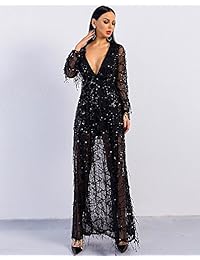 Vestido de cóctel de mujer Señorita, con cuello en V profundo, manga larga, con tajo y lentejuelas