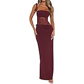 Lingt Chic Women's Lace Splicing Cutout Maxi Dress Square Neck Sleeveless Bodycon Long Dress with Sheer Corset