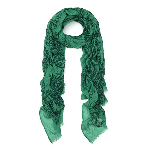 Unique Viscose Vintage 18th Century City Print Frayed End Scarf, Green