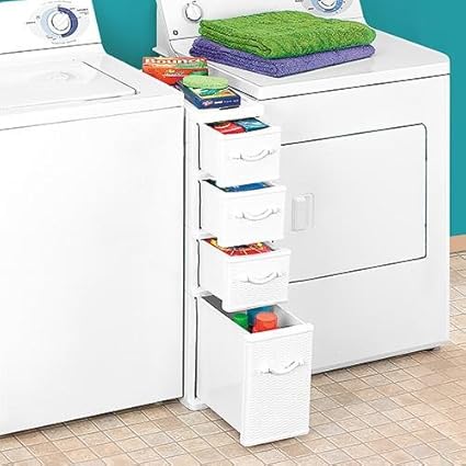 wicker laundry organizer between washer