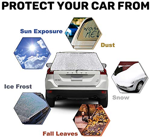 MOVINPE Car Rear Windshield Snow Cover, Rear Windscreen Ice Cover with Magnets, Flaps, Wheels Straps, Universal for Most Cars, SUV, Trucks, Vans