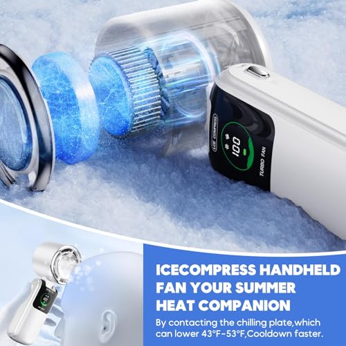 Handheld Fan with Cooling Plate, Portable Fan with Ice Cooler, 3-Second Fast Cooling,Rechargeable 4000mAh, 4 Speeds, Handheld Hanging Neck Desktop, Essential for Summer Travel/Outdoor/Office
