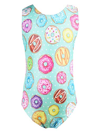 TENVDA Leotards for Girls Gymnastics Size 7-8 Years Old Sparkle Green Donuts Print Tank Kids Tumbling Outfit Bodysuits