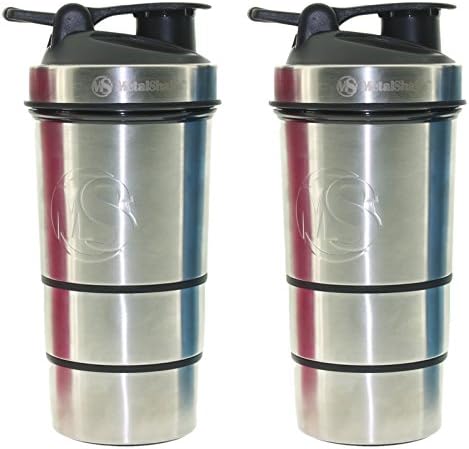 2x SILVER Leak Proof LIFETIME Stainless Steel Metal Protein Shaker Cup Set Blender Mixer Bottle 19oz Stackable With Storage Workout Containers Pill Dispenser Tray Ice Pack Keeps Drink Cold BPA Free