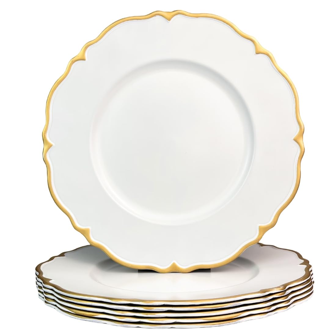 UOEKCS Platos de carga festoneados blancos con borde dorado, cargador de decoración de plástico de 13 pulgadas para platos de cena, bodas, decoración de mesa (juego de 6)