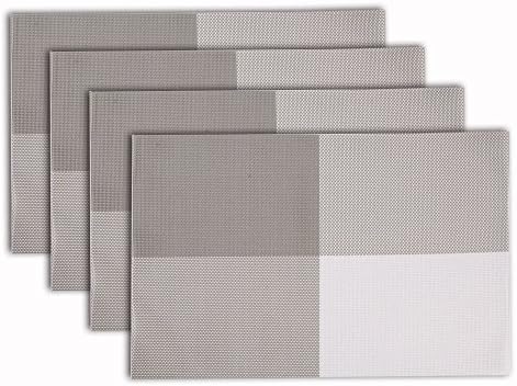 Dinner Table Placemat Gray, Woven Vinyl Placemats, Stain Resistant Non-slip Table Mats, Set of 4 (4 pcs Grey white)