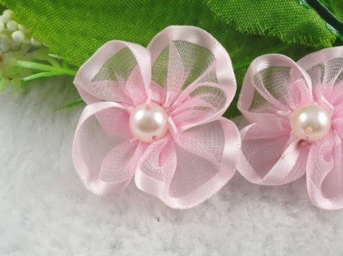 30pcs Ribbon Flowers W/pearl Appliques Craft DIY Wedding Deco -(Pick Color) (Pink)