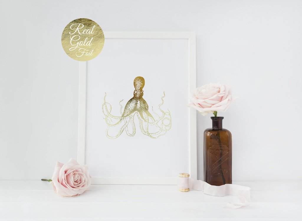 Goldkrakendruck, reales Goldfolienplakat, Krakendruck, nautischer Druck