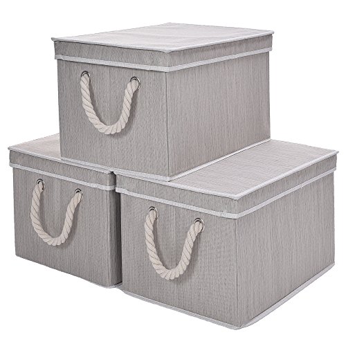 Storage Box with Lid, Strong Foldable Basket Organizer Bin With Cotton Rope Handle By StorageWorks, Gray, Bamboo Style, Jumbo, 3-Pack