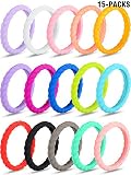 Zhanmai 15 Pieces Assorted Colored Silicone Rings Silicone Wedding Rings Thin Stackable Rubber Braided Rings for Women (Size 7)