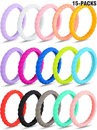 Zhanmai 15 Pieces Assorted Colored Silicone Rings Silicone Wedding Rings Thin Stackable Rubber Braided Rings for Women (Size 7)