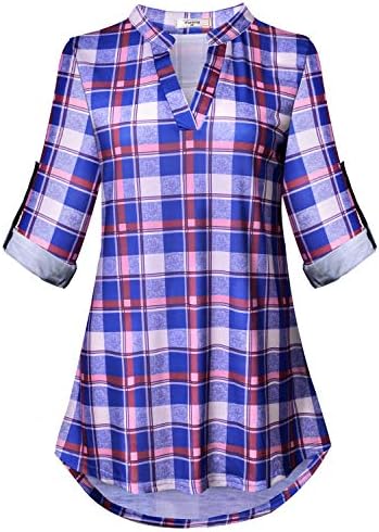 Viracy Womens 3/4 Roll Sleeve Shirt Notch V Neck Loose Pattern Tunic Top