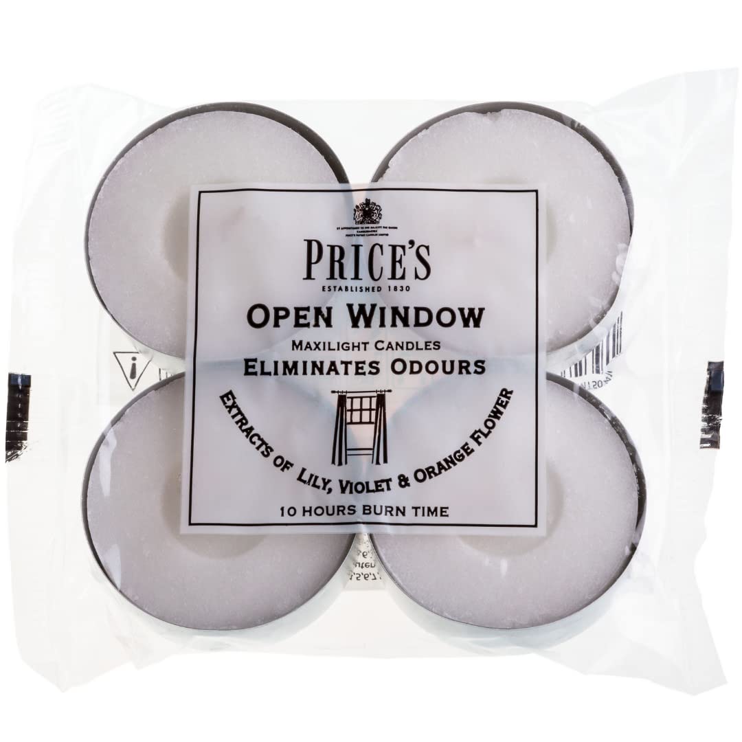Price's - Open Window Maxi Tealights - Pack of 4 - Odour Eliminating Tealights - Made with Lily, Violet and Orange Flower Extracts - Clean, Fresh, Quality Fragrance - Long Lasting Scent