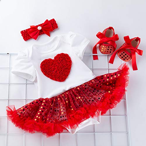 Jshuang 3 Pcs Valentine's Day Dress Girls Short Sleeve Heart Sequins Love Paillette Dresses Shoes Outfits Set