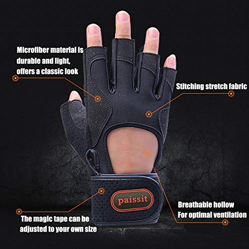 paissit Weight Lifting Gloves,Workout Gloves for Men&Women,Training Gloves with Wrist Support for Fitness Exercise Weight Lifting Gym,Home Use with Short Wraps Fingerless (Black, M)