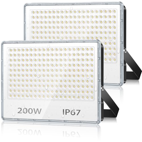 TASINUO Outdoor LED Spotlights 200W 2 Pieces, 20000LM 6500K Cool White Lights Outdoor, IP67 Waterproof Outdoor Light, Powerful LED Lamp for Garden, Terrace, Garage, Factory, Warehouse