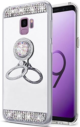 EINFFHO Galaxy S9 Case, Luxury Sparkle Rhinestone Diamond Plating Mirror Case [with Rhinestone Ring Holder] Protective Bumper Slim Silicone Cover Case for Samsung Galaxy S9, Silver