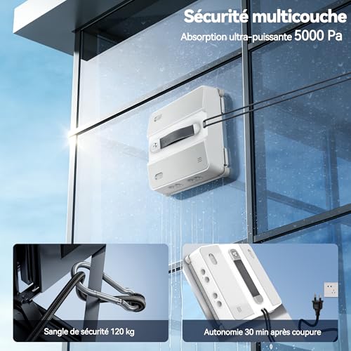 Robot Laveur de Vitre, Fonction Vaporisation, Aspiration Turbo 5000Pa, 8 Buses de Brume D'eau, Silencieux, 3 Modes, Navigation Intelligente, Détection Bords, 4 Lingettes