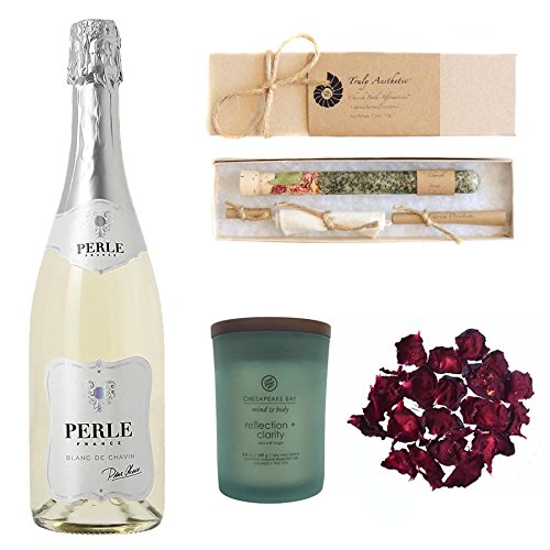 Relaxing Wine Bath Set Featuring Perle Blanc (Non-Alcoholic Sparkling White Wine), Reflection + Clarity Candle by Chesapeake, and Cherish Spring Bath Salts by Truly Aesthetic