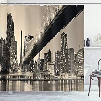 Ambesonne New York Shower Curtain, Queensboro Bridge NYC Night Sepia Artprints Urban City View Modern Life Theme, Cloth Fabric Bathroom Decor Set with Hooks, 70