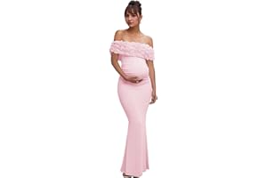 Smileven Women's Satin Maternity Dresses for Photoshoot 3D Floral Off Shoulder Baby Shower Dress Bodycon Pregnancy Gowns