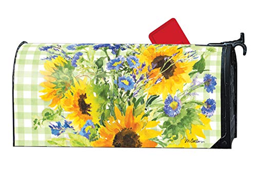 MailWraps Studio M Sunflowers on Gingham Decorative, The Original Magnetic Mailbox Cover, Made in USA, Superior Weather Durability, Standard Size fits 6.5W x 19L Inch Mailbox
