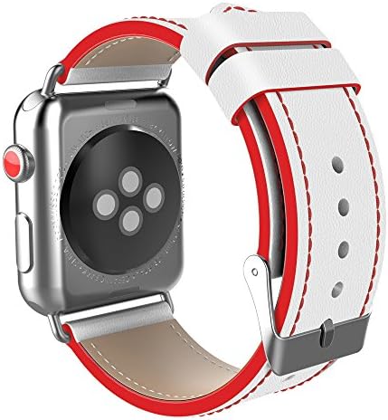 Apple Watch Band Genuine Leather 38MM iWatch Band Genuine Leather Strap Stainless Metal Buckle for Apple Watch Series 3, Series 2,Series 1, Sport &amp; Edition- White/Red For Women,Girls by QINGQING