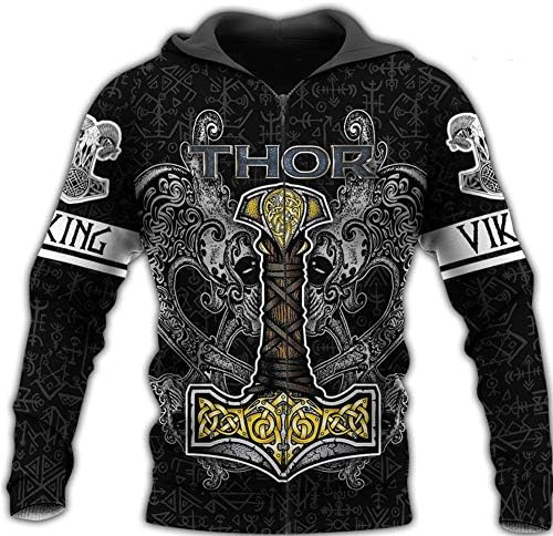 Viking Odin Thors Hammer Tattoo Hoodie, Men's 3D Printed Long