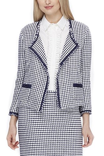Tahari Fringed Tweed Wing-Collar Jacket - Navy/White - 10