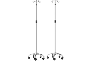 Konmee IV Poles with Wheels IV Stands 2 Hooks 5 Legs Rolling Base with Heavy Duty Stainless Steel, Adjustable Height,2PCS/2Pack
