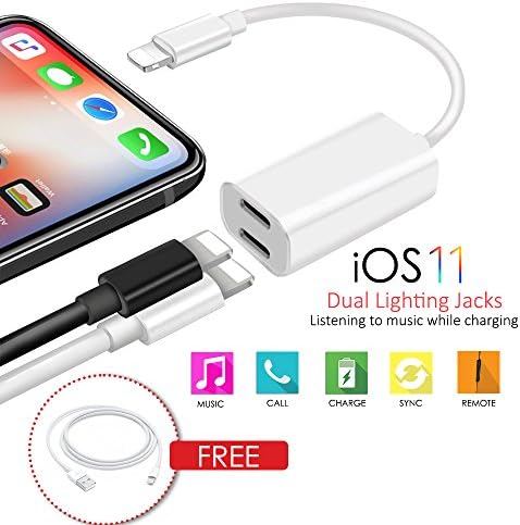 2 in 1 Lightning Adapter and Charger for iPhone X 8/8 Plus 7/7 Plus, Compatible with Apple iOS 10.3-11, 2-in-1 Dual Lightning Splitter Works As Headphone Jack, Charging and Audio Headset Adapters