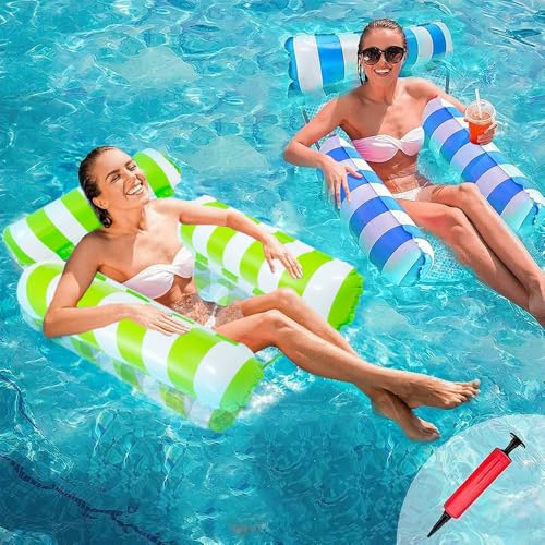 2 Juegos de Hamaca Inflable,3 Válvulas Inflables Hamaca de Agua,Plegable Flotador Piscina con Bomba de Aire,Multiusos para Silla de Descanso, Drifter,Hamaca Flotante para Alberca(Azul Claro y Verde)