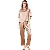 THXSILK Silk Women's Pajama Set, 6A Pure Mulberry Silk Round Neck Short Sleeve Nightwear with Long Pants