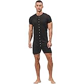 HEAVYWOOD Mens Romper Short Sleeve Onesie Jumpsuit Pajamas Henley Stretchy Silk One Piece Garment Sleepwear