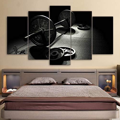 KKXXWLH Painting Hd Printed Modern Oil Canvas Wall Art Framed 5 Pieces Gym Barbells Poster Home Decor Fitness Equipment Pictures