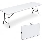 JingPieCle 8ft Folding Table Heavy Duty 8 Foot Portable Foldable Table | Carry Handle, Fold-in-Half Design, Blow Molded Tabletop, Perfect for Party, Dining, Banquet, Picnic and Camping, White